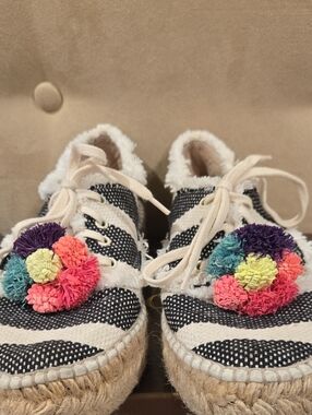 Loeffler Randall Navy Stripe Espadrille Sneakers with Multicolor Pom-Poms